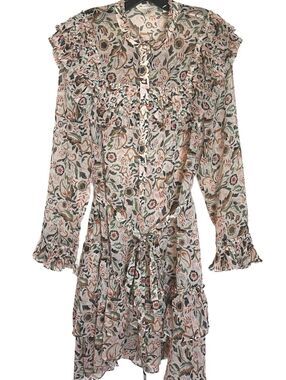 Ted Baker Aishia Ruffle Detail Mini Sheer Shirt Dress, Ivory/Multi - 5 (12) EUC
